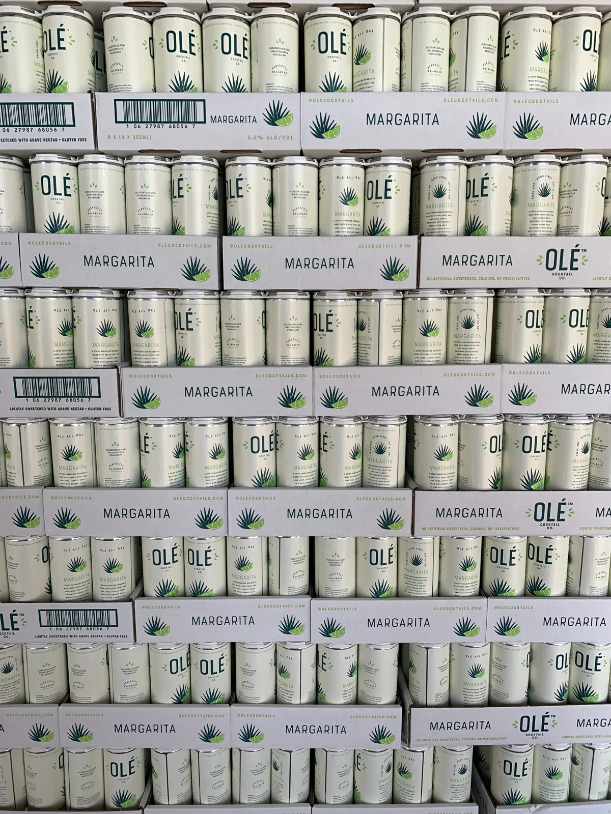 Stacked cases of Olé margarita cans filling the frame after a production run