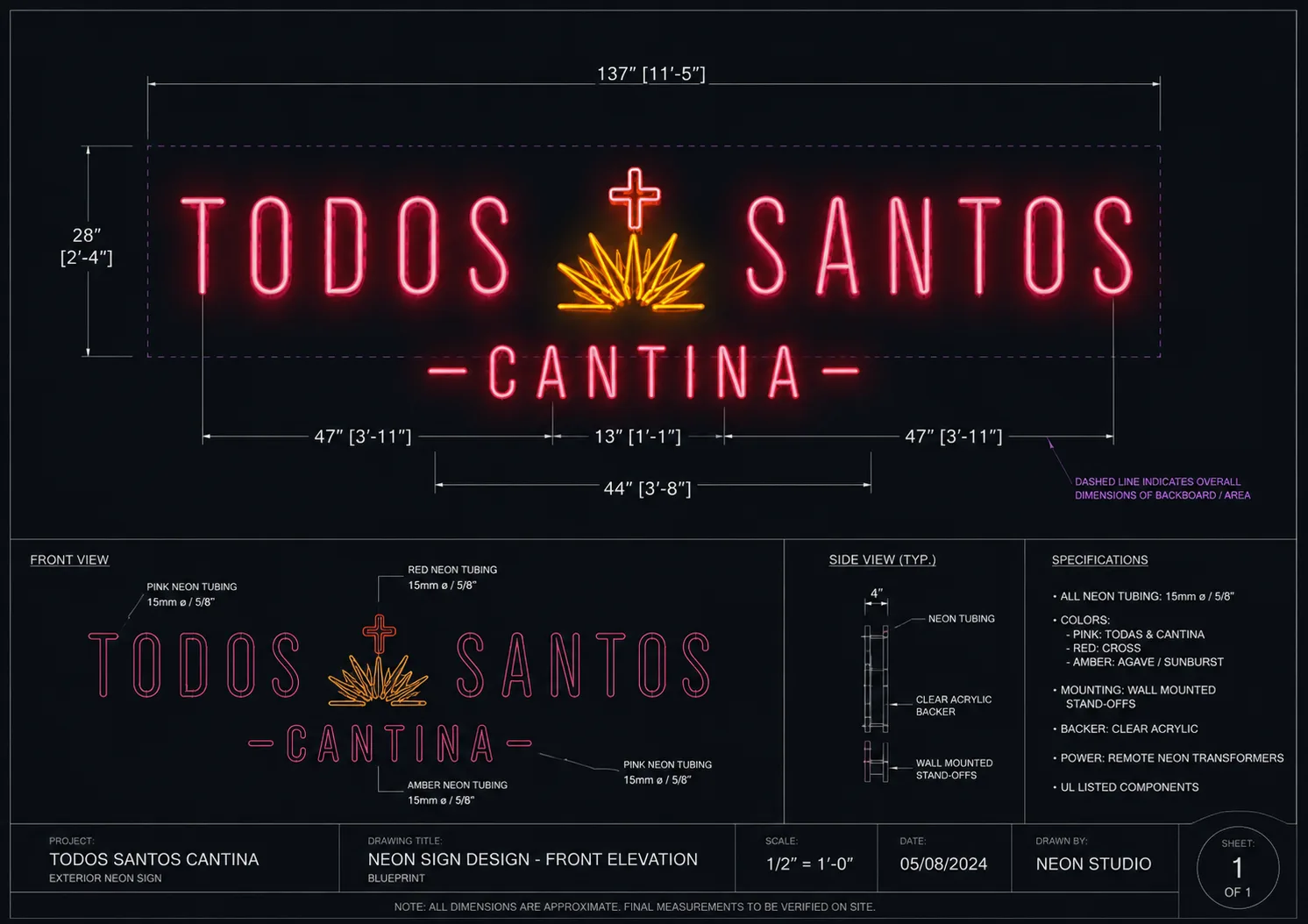 Blueprint of the Todos Santos Cantina neon sign with dimensions, tubing colours and mounting specs
